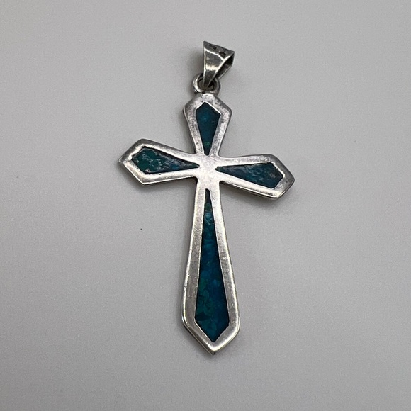 Vintage Turquoise Chip Sterling Silver 925 Cross Necklace Pendant - Picture 1 of 3